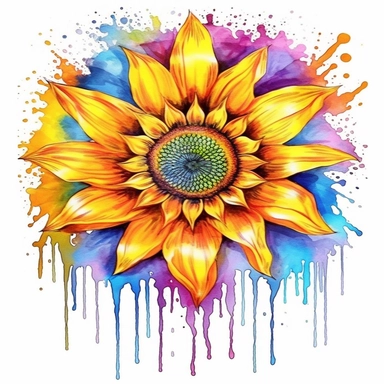 tattoo design of sunflower flower color art watercolor drip in transparent overlay, in the style of vibrant spectrum colors, white background, color gradients, chalk art, whimsical yet eerie animal symbolism, vibrant murals, hand-coloring watercolor clipart, white background