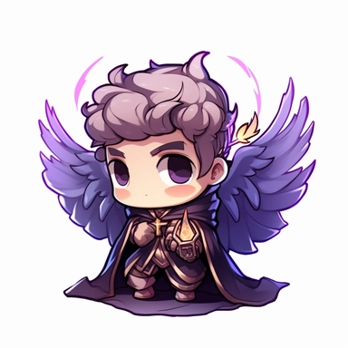 zeeb labs art style boy, angel knight, tiny chibi body with purple armor, crown, wings, mage orb, smerk, super long cape, clipart, sticker, no background, hd