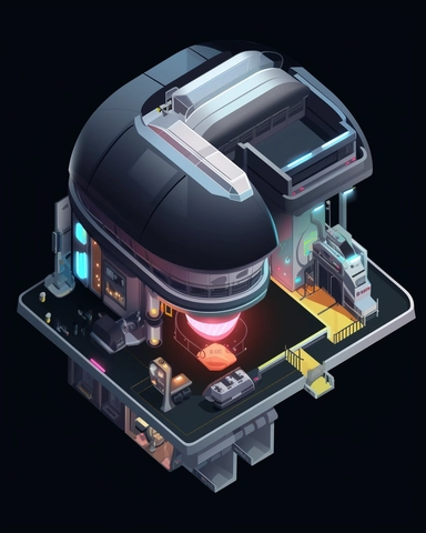isometric perspective, game sprite, futuristic small spaceship hanger concept, gaming asset, sci-fi, fun, creative, cartoon, clipart, hyper-detailed, black background,