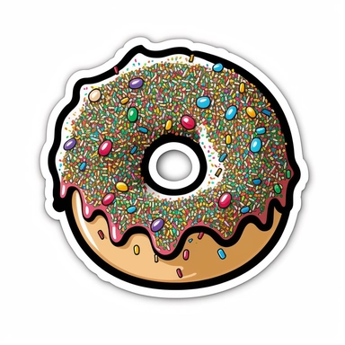 create clipart style sticker illustration of a colorful doughnut with sprinkles with a black and white thick sticker outline in 8K resolution on a white background,