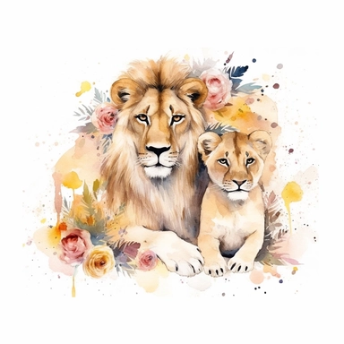 family, baby, lion and lioness,Watercolor Clipart high quality, white background , lion and lioness, cute, love