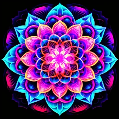 Clipart. White background. Vibrant neon mandalas illuminate the foreground with their intricate and mesmerizing patterns. The bold use of neon colors adds an electrifying energy and modern aesthetic to the traditional art form, symbolizing the dynamic nature of cultural evolution and artistic expression. Delicate lotus flowers, sacred geometric shapes, or subtle references to spiritual concepts enhance the depth and meaning of the artwork, inviting viewers into a meditative and transformative ex