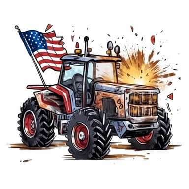 Sticker, American flag with tractor and firework Sublimation Clipart, Cartoon funny, Cute anime, Very detailed, white background