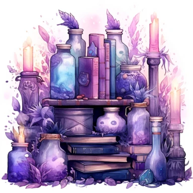 Picture of bottles, books, and candles, in the style of dreamlike fantasy creatures, violet and gray, detailed background elements, fairy academia, mysterious backdrops, made of crystals, natural phenomena, watercolor clipart