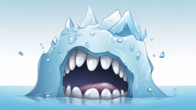 A delightful cartoon clipart of an iceberg gradually melting away, exposing a cheerful hole at the top, as if nature itself carved a smiling face on the ice, with water droplets trickling down its sides, against a crisp white background that enhances the vibrant colors, radiating a sense of joy and lightheartedness, Clipart, digital illustration,