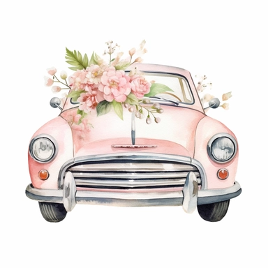 hand drawn , watercolor, hyper realistic, white background, white margins, 16k, ultra detailed clipart, cut out image, hand-drawn, ultra HD, sharp and clean art a vintage car with delicate floral , capturing the romantic and feminine aesthetics often associated with vintage fashion and travel. light pink pastel