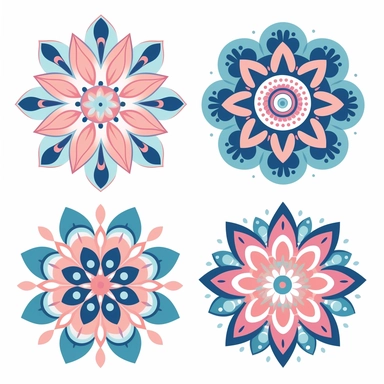 simple mandala collection，flat illustration，pink and light blue，flower power，vector，clipart style，white background，8k