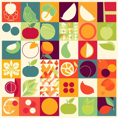 a simple, flat vector mosiac of stylized fruits and vegetables in the style of clipart