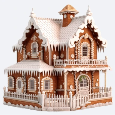 very detailed, gingerbread house for clipart, flat, no 3D, light brown and white, transparent background