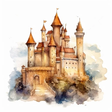 one castle Watercolor clipart on a white background, in the style of realistic and hyper-detailed rendering, muralist, distressed material, uhd image, ps1 graphics, detailed character design, large scale murals, no watermark, text, 300 DPI , typography, shapes do not stick together, no text in the picture, on a white background