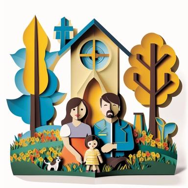 paper-cut clipart, isolated with white background, Happy Asian family mom, and dad smiling , and a child laughing with a puppy, sitting on the grass , primary color is yellow, blue and red, bright atmosphere, flat illustration, story telling, James jean ,high resolution, church with a cross on top backgrounds