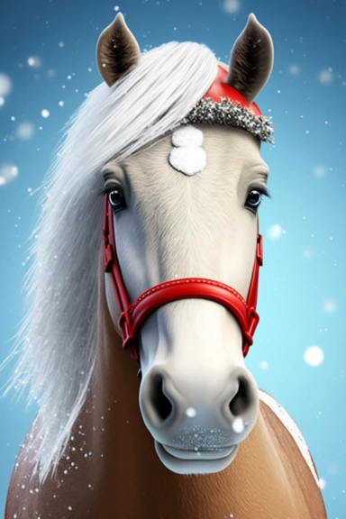 no text, winter wonderland background with snow and snowflakes, 3d clipart of a smiling, friendly horse, wearing a santa clause hat, christmas vibes, cartoon network style, friendly face, head unproportionally bigger than body, detailed body shape, front shot, insanely big shiny eyes, caricatured face, insanely glossy, plastic like fur and skin, unrealistic, 8k photography, cinematic, super cute face, Photography, Ultra-Wide Angle, Depth of Field, hyper-detailed, beautifully color-coded, insane 