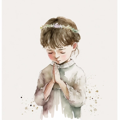 illustration of praying boy with dark hair, clipart, watercolor, white background, simple, soft colors, boho, minimalism