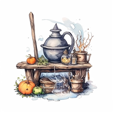 picturesque scene, watercolor and ink style, witches bench with crystal ball, potions, wand, cauldron and herbs, clipart on plain white background, Halloween vibes, super scary cute in high detail ultra precision 16k HD, clean crisp brushwork, painted by Beatrix Potter