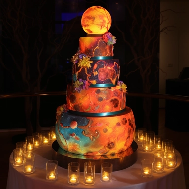 Interactive fire cake, 5-tier, spherical design, each tier representing a celestial body in the couple's unique layer, hand-painted with edible luminescent colors, creating an ethereal glow in dim lighting, a motorized, food-safe mechanism enabling the tiers to rotate slowly, decorated with sugar constellations depicting the couple's love story, an embedded touchscreen interface allowing guests to explore the cake's design, and a built-in, synchronized light and sound show that activates when th