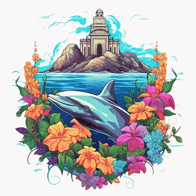 dolphin, close up, a sticker, artwork of t shirt graphic of majestic forest, in digital painting style , beautiful flowers, sunset mountains and clouds , big vines, stone temple covered in vines, white background, colorful fantasy flower sorround , highly detailed clean, vector image, photorealistic masterpiece, professional photography, realistic, flat white background, isometric, vibrant vector, clipart, illustration, realism, 4k, , cinematic, front view, white background, paradise, extremely 