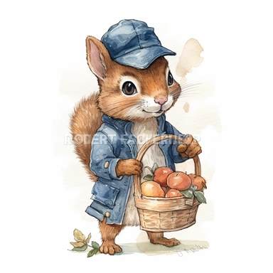 An anthropomorphic squirrel wearing a brown nut-patterned jumpsuit and a dark blue farmer's cap clipart,happy expression,Storing nuts in a little sack , standing dynamic pose, front side view, in the style of watercolor cartoon clipart, beatrix potter style, pixar style, high resolution, composition free space, pastel color scheme, soft and tender, watercolour clipart, watercolor illlustration for kids and children,isolated white background, clipart most popular on etsy, book illustration, featu