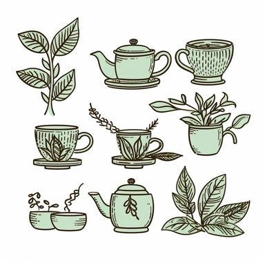 simple line art, clipart style, coffee theme, black lines with white background, a quadrant with 1 image in each quadrant, beakers, 'Coffee cup, coffee, teapot, mint leaves, tea cup