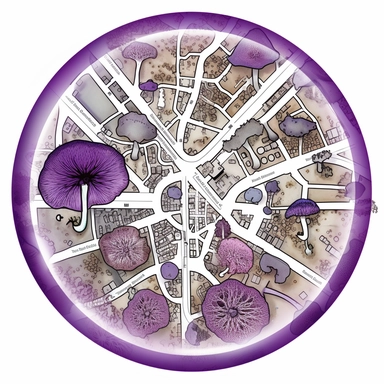top-down view of a round scientific culture dish containing a simple map of a city block made with white fungal mycelium threads for the roads, a few major landmarks are small purple mushrooms, clean white background, iconic, clipart style, simple, cartoon, light colors, no grey