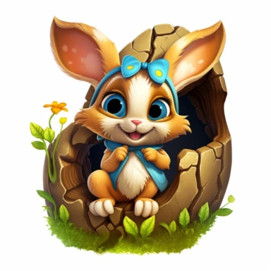 adorable bunny with bright eyes, with cute paw pads and a curious expression. peeking out from a cozy hollow in a tree trunk, surrounded by moss, mushrooms, butterflies Fairytale Cartoon Art Style, Full Body Image and Appearance, 3D-Designed Character, in style of clipart with no background