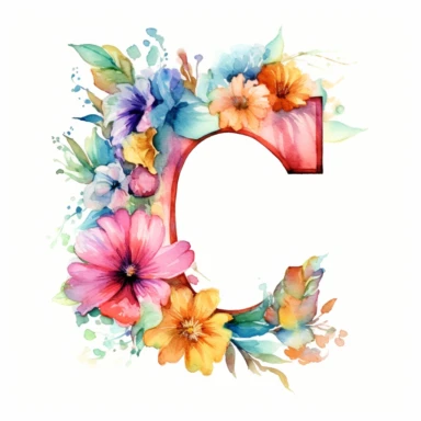 watercolor letter C with colorful flowers clipart, single clipart, high resolution, vibrant colors, 8k