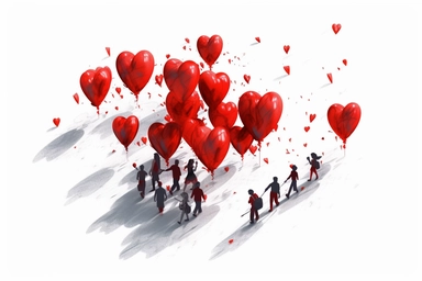 cute beutiful boys and girls together holding hands, red half of the heart shape balloon geometric minimalist , valentine's day, top view, running in Tokyo, ink, Ghibli style, 8k, Leyka 35mm very detail clipart on white background space out 8k