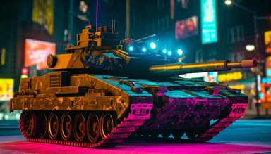cyberpunk 2077 inspired camouflaged neon tank with laser turrets, armored vehicle in post apocalyptic dessert clipart. Cinematic, Ultra-Wide Angle, Depth of Field, hyper-detailed, Unreal Engine, Cinematic, Photoshoot, Shot on 25mm lens, Depth of Field, DOF, Tilt Blur. Shutter Speed 1/1000, F/22, White Balance, 32k, Super-Resolution, Megapixel, Pro Photo RGB, VR, Lonely, Good, Massive, Half rear Lighting, Backlight Natural Lighting, Incandescent, Optical Fiber, Moody Lighting, Cinematic Lighting,
