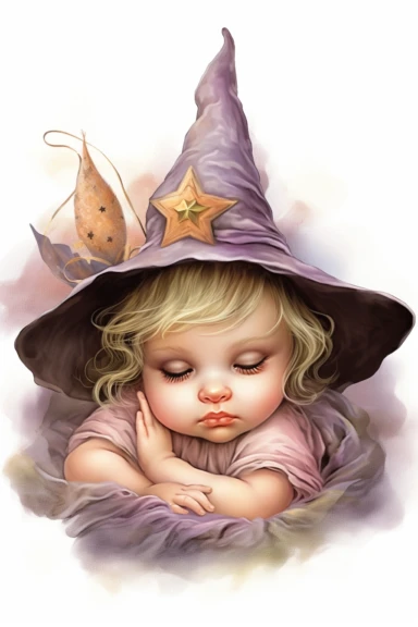 clipart, realistic newborn witch, pastel colors, vintage style