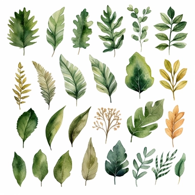 evergreen leaf clipart, watercolor, messy style, dark green, individual design