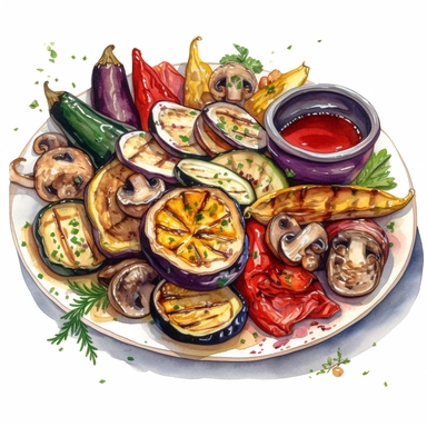watercolor, hyper realistic, white background, white margins, 16k, ultra detailed clipart, cut out image, hand-drawn, whimsical A platter of grilled veggies, with a colorful array of zucchini, bell peppers, eggplant, and mushrooms, drizzled with olive oil and balsamic glaze. Shades of green, purple, and red capture the fresh and wholesome flavors