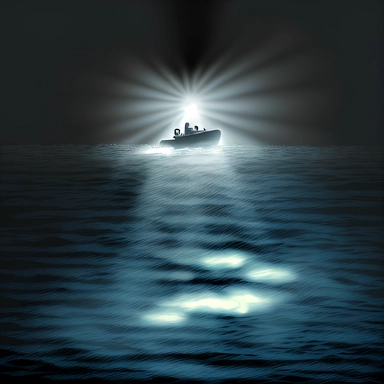 light from a flashlight from a boat at a distance, at sea, clipart