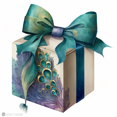 clipart watercolor flat box in peacock pattern with huge long bow on top