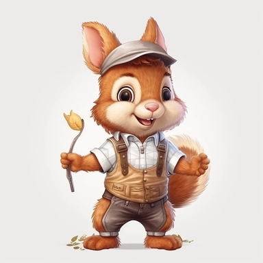 Adorable cute fantasy baby squirrel dressed like rune farmer standing in dynamic pose,front view,fullbody,sharp through out,happy expression, nursery art, clipart image, lineart image, white background, very detailed, 8k, composition wide shot