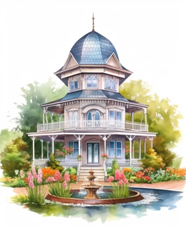 Watercolor clipart huge victorian house with conical roof, with lush garden and with pond in front, wide angle, long shot, realistic, isolated on white background