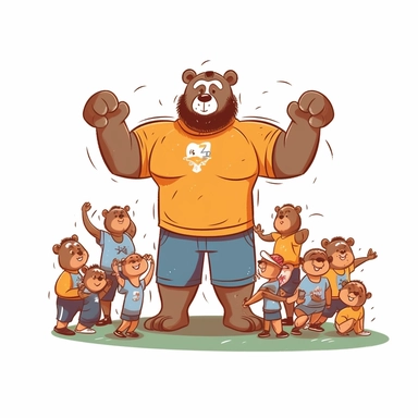 a physical education teacher bear exercising with students, clipart,cute,clean,flat vector design, 2d,detailed, t-shirt vector design, isolated in white background