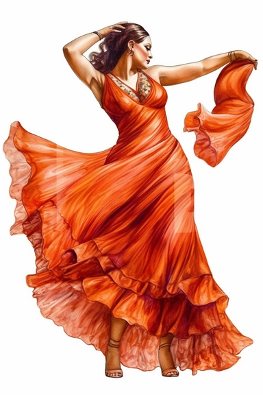 colour pencil clipart, fullbody beautiful plus-size woman dances flamenco, hd, on white background, space out,
