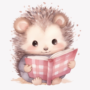 Watercolor svg clipart of a cute cartoon adorable baby hedgehog reading a book kawaii animal, illustration by chonnieartwork, pastel pink, png isolated on white background