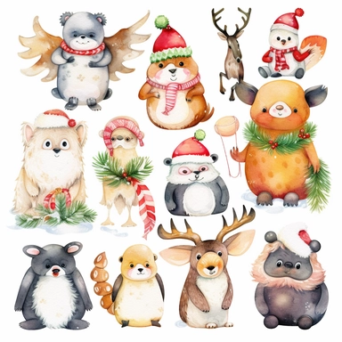 Cute Christmas animals, such as reindeer, penguins, polar bears, and owls, in festive outfits and accessories, watercolor png clipart on a white background