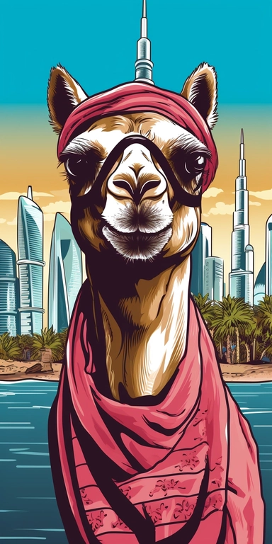 vector clipart camel with the big sunglasses and beach towel around its neck standing on the Dubai's beach with Dubai landmarks at the background,