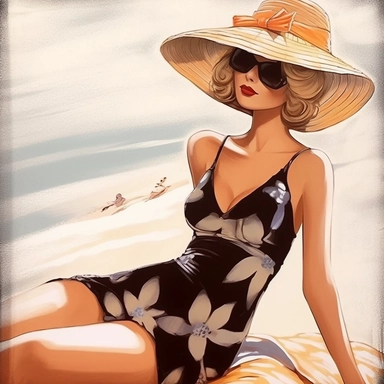 portrait view, full view, clipart illustration, beautiful lady sunbathing on beach, exact image, sharp focus, high detail, (--iw 5)