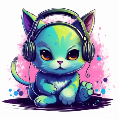 cute kitten listening to music in the style of skottie young, clipart