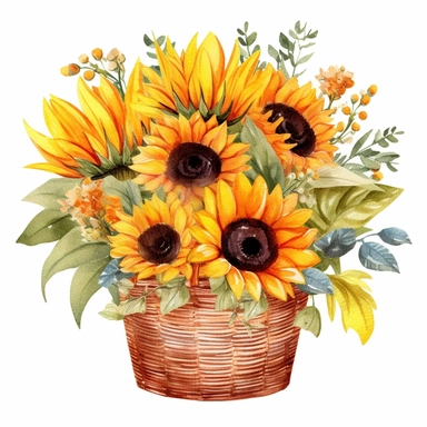 watercolor summer flora sunflower basket vase bouquet clipart sublimation for decoretive wedding invitation birthday greeting gift cards white background