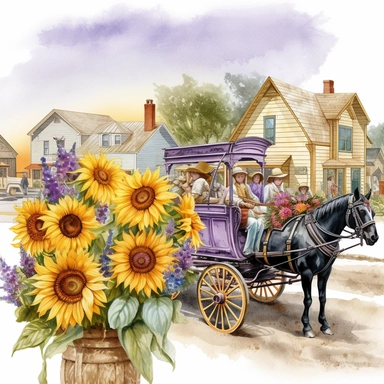a country small town parade from the early 20th century with one wagon full of sunflowers and lavender watercolor clipart no fonts no letters no words
