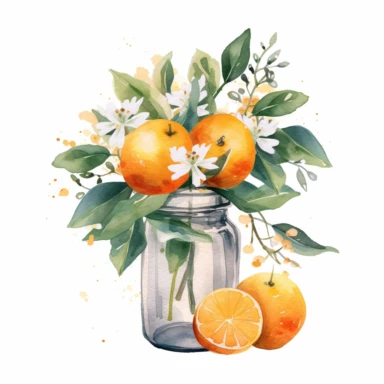 Create a watercolor oranges clipart with glass nd bouquets