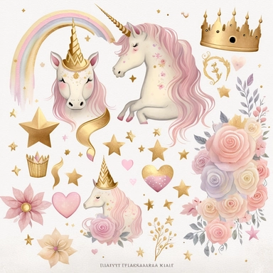 rainbow pastel unicorn, princess castle, rainbow, gold star, pink star, hearts, flowers, roses, plastercine, soft watercolour light, clipart svg white background