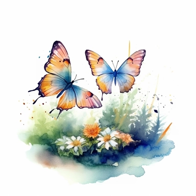 soft watercolor style watercolor butterflies flying in botanical landscape isolated on white background clipart