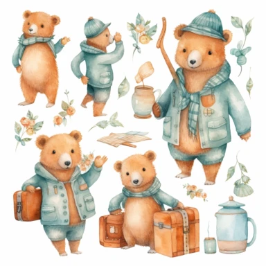 traveling bears clipart set, in the style of light orange and dark aquamarine, whimsical floral scenes, realistic watercolor paintings, plush doll art, transparent layers, textured shading, pastel tones, vector, illustration, on white background