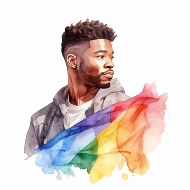 Beautiful gay black man with LGBT Rainbow Flag, illustration clipart, high detailed, white background, digital art, watercolor