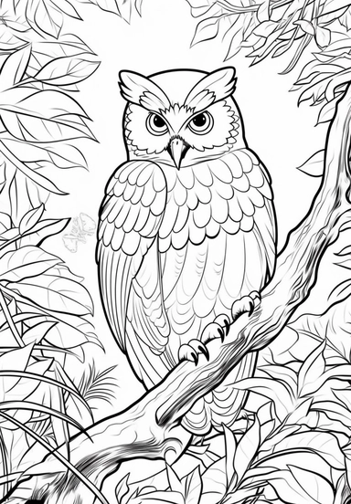simple and easy coloring page design, coloring page for kids, owl in Borneo Rainforest, Malaysia/Indonesia , cartoon character silhouette illustration cliparts image, high resolution, #screenshotsaturday, whimsical children's book illustrator,