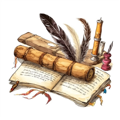Old book, paper scroll and feather pen sketch set, Watercolour Illustration clipart, 4K, extremely detailed Sublimation Clipart,Cartoon,hyper realistic, intricate detail, illustration style,high solution,on the white background